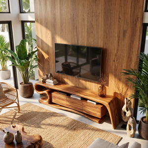 TV Stand with Sculptural S-Curve Frame and Natural Wave Grain Cabinet