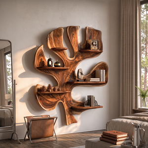 Solid Wood Tree Wall Shelf Sculpture, Organic Wall Mounted Display Shelf Decor
