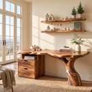 Live Edge Solid Wood Desk with Sculptural Tree Leg and Built In Drawer Cabinet