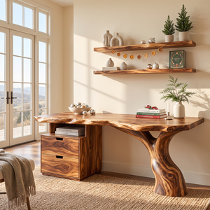 Live Edge Solid Wood Desk with Sculptural Tree Leg and Built In Drawer Cabinet