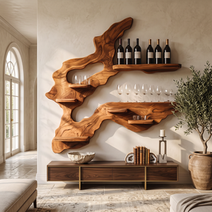 Asymmetrical Root Sculpture Solid Wood Wall Wine Rack with Display Shelves