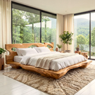 Sculptural Solid Wood Bed with Openwork Headboard and Low Platform Base