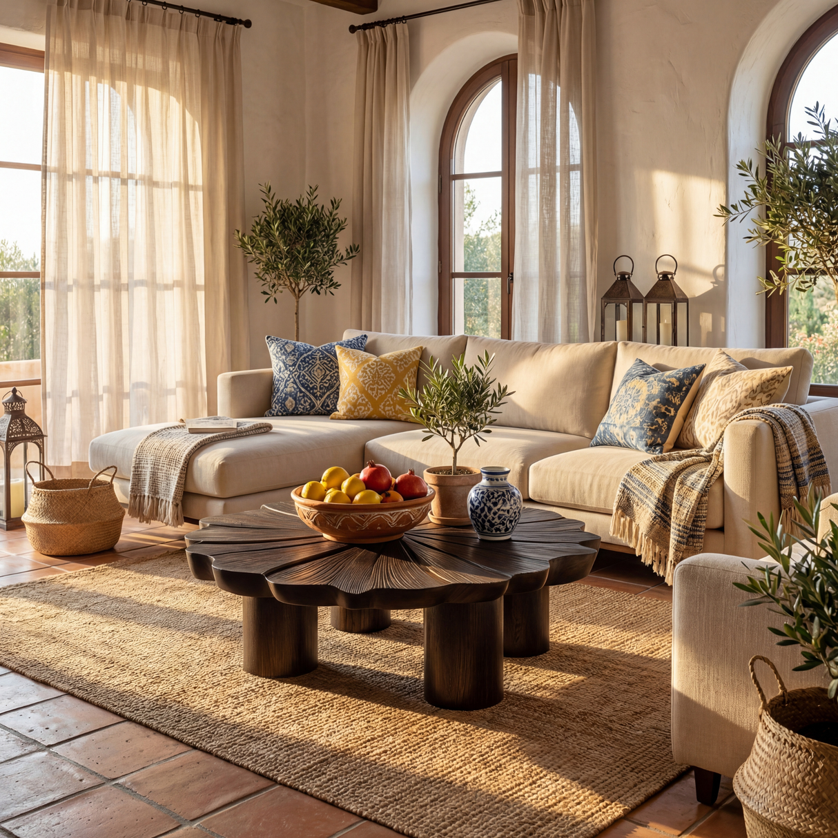 Sculptural Solid Wood Coffee Table with Textured Floral Top