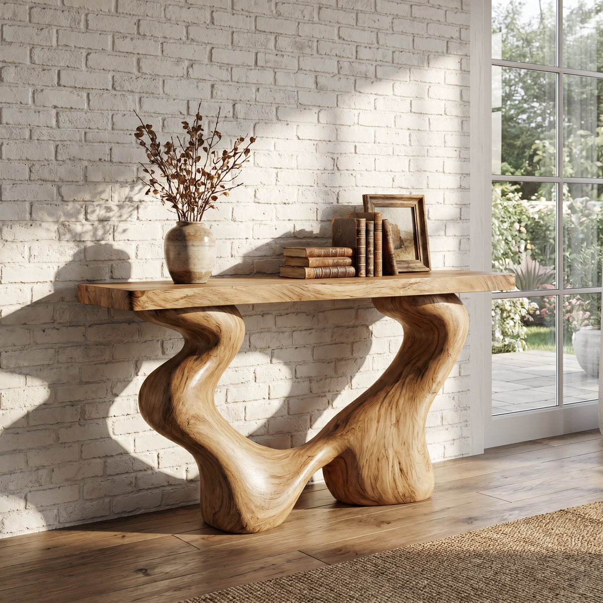 Console Table Solid Wood with Sculptural Open Arch Base for Entryway Decor