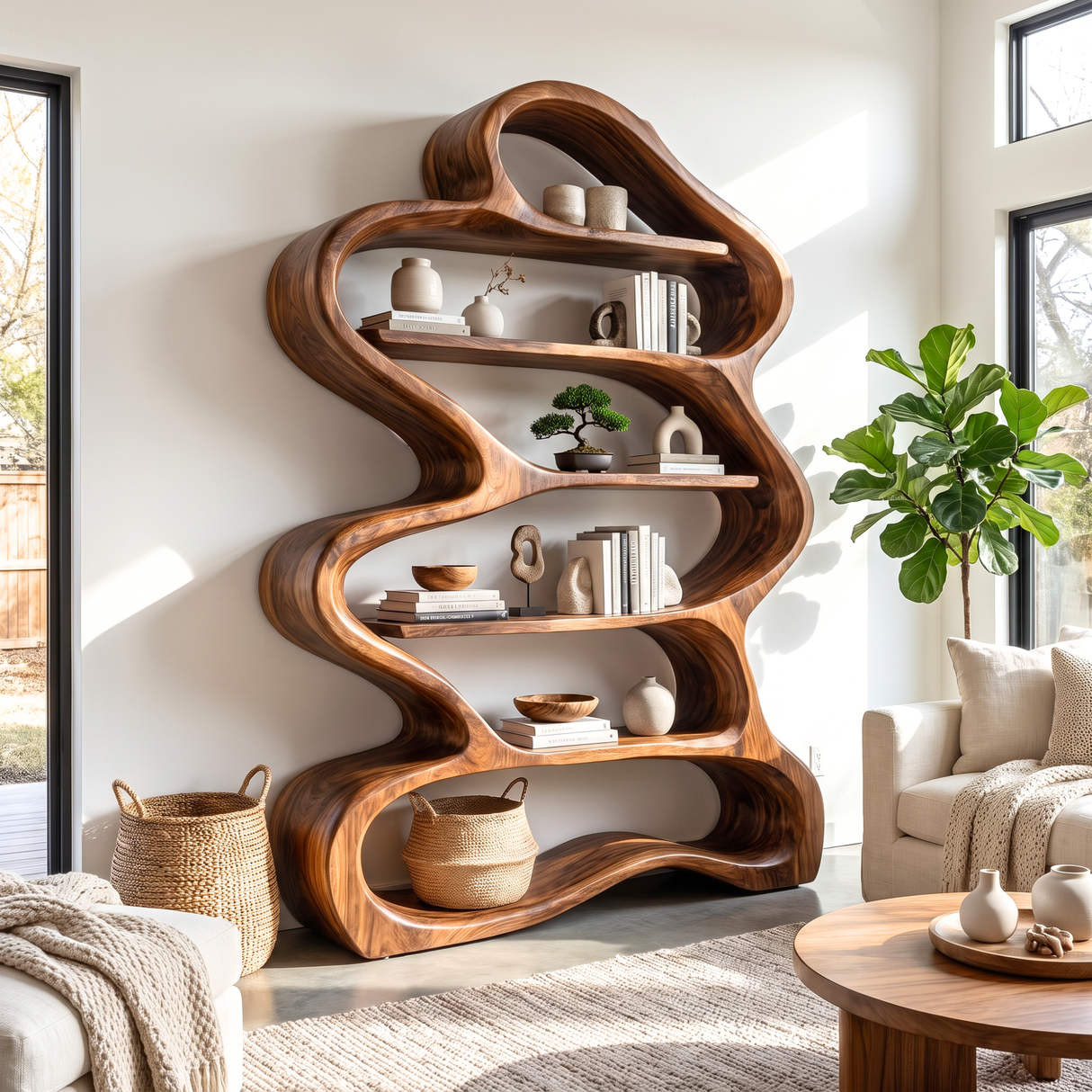 Bookshelf Solid Wood with Sculptural Layered Loop Frame and Open Display Shelves