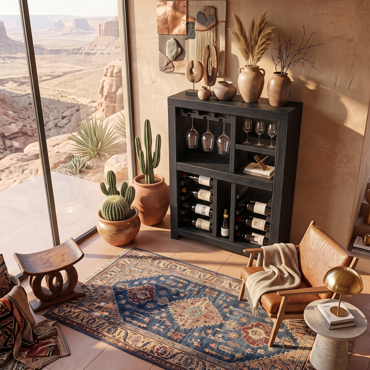 Solid Wood Wine Cabinet with Bottle Racks and Stemware Storage for Home Bar