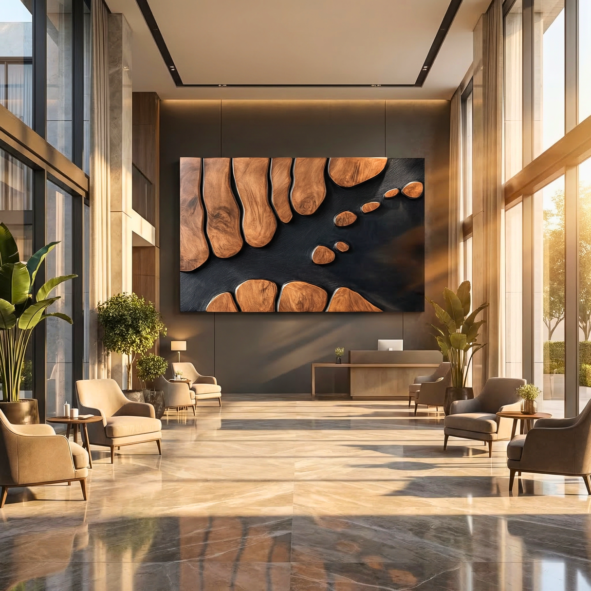 Abstract Sculptural Wood Wall Art Panel with Black Textured Ground