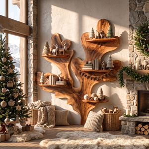 Sculptural Solid Wood Wall Shelf with Organic Branch and Leaf Design