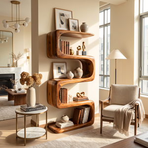 Bookshelf Solid Wood with Sculptural S Curve Shelves