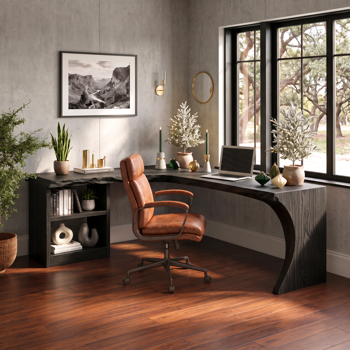 Organic L-Shaped Solid Wood Desk With Open Shelf For Home Office