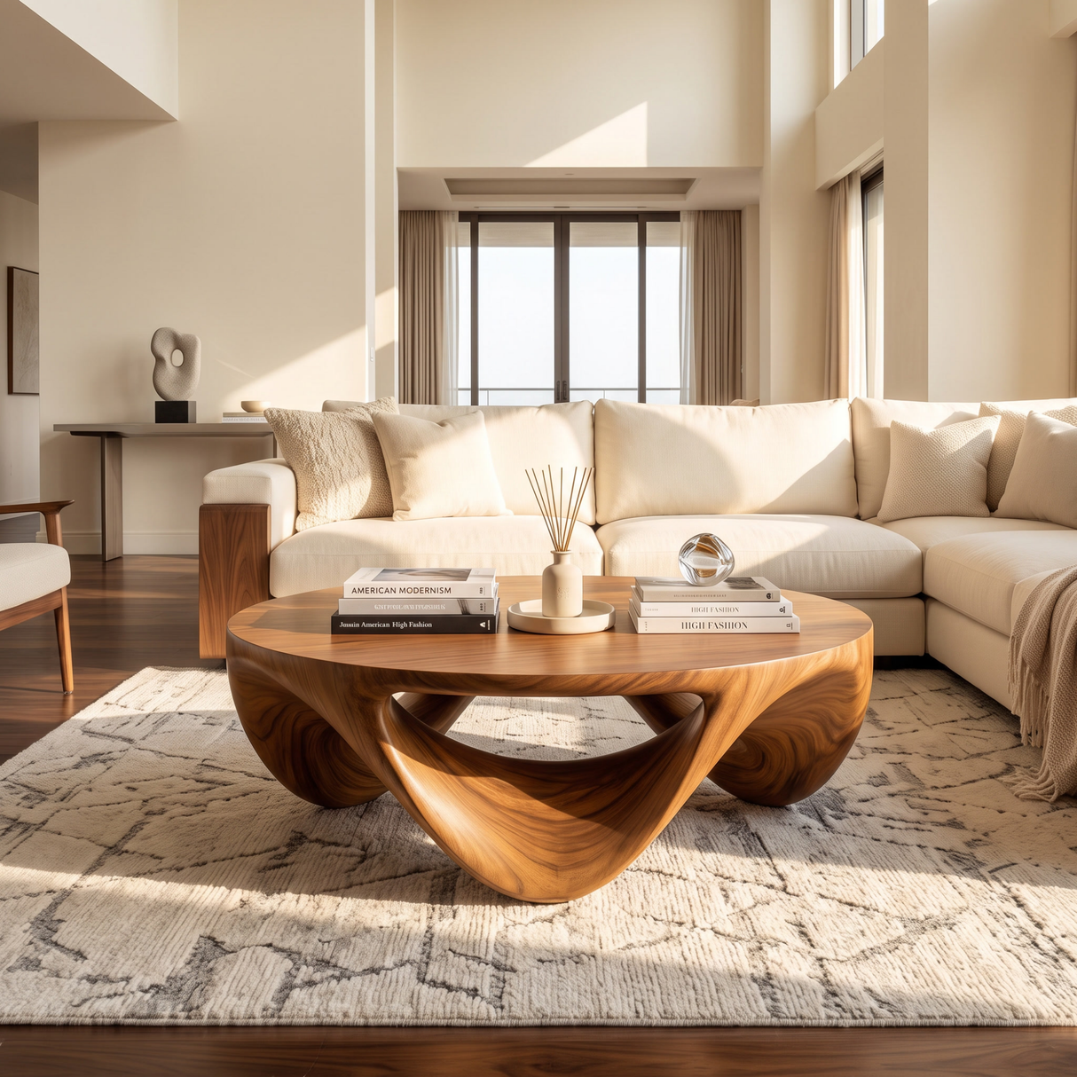 Coffee Table Solid Wood with Sculptural Triple Loop Base for Living Room