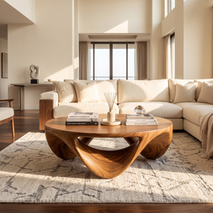 Coffee Table Solid Wood with Sculptural Triple Loop Base for Living Room