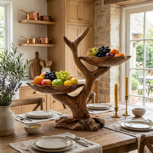 Organic Solid Wood Fruit Display Bowl with Branch Stand and Dual Leaf-Shaped Trays