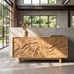 Sideboard Cabinet Solid Wood with Sculpted Flowing Relief Doors