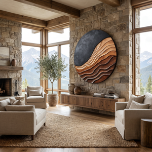 Round Layered Solid Wood Wall Sculpture with Flowing Relief and Textured Contrast