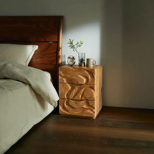 Sculptural Solid Wood Bedside Cabinet with Carved Texture