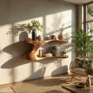 Sculptural Solid Wood Wall Shelf with Organic Flow