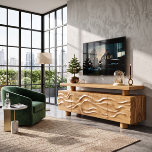 TV Stand with Raised Floating Top and Hand Carved Wave Cabinet Doors