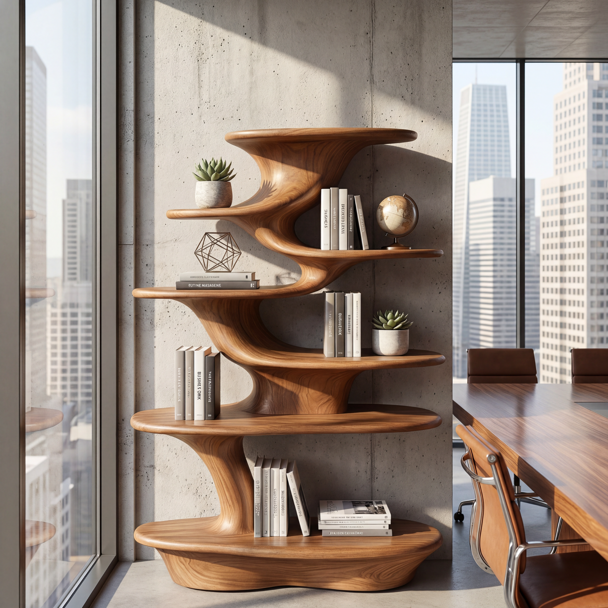Cascade Form Wood Display Shelf with Sculpted Tiered Platforms