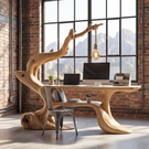 Handcrafted Sculptural Wood Desk with Hanging Light, Tree Inspired Writing Table, Artistic Statement Workspace
