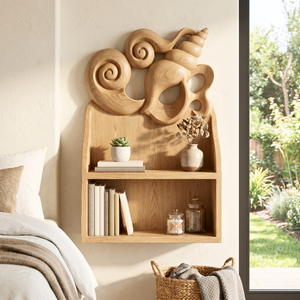 Seashell Carved Wood Wall Shelf for Bathroom Storage