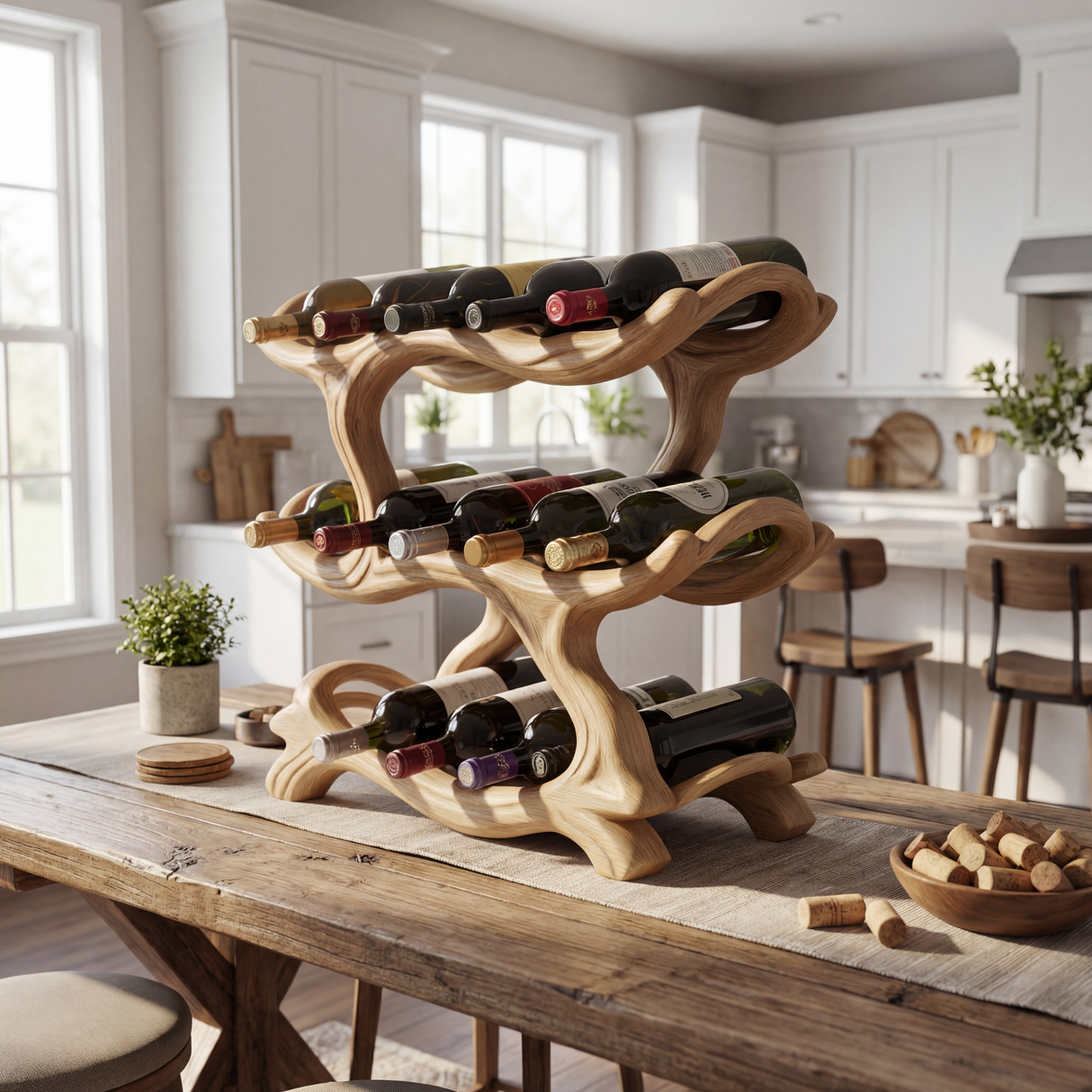 Organic Solid Wood Wine Rack Multi Tier Sculptural Bottle Holder for Kitchen Counter Display