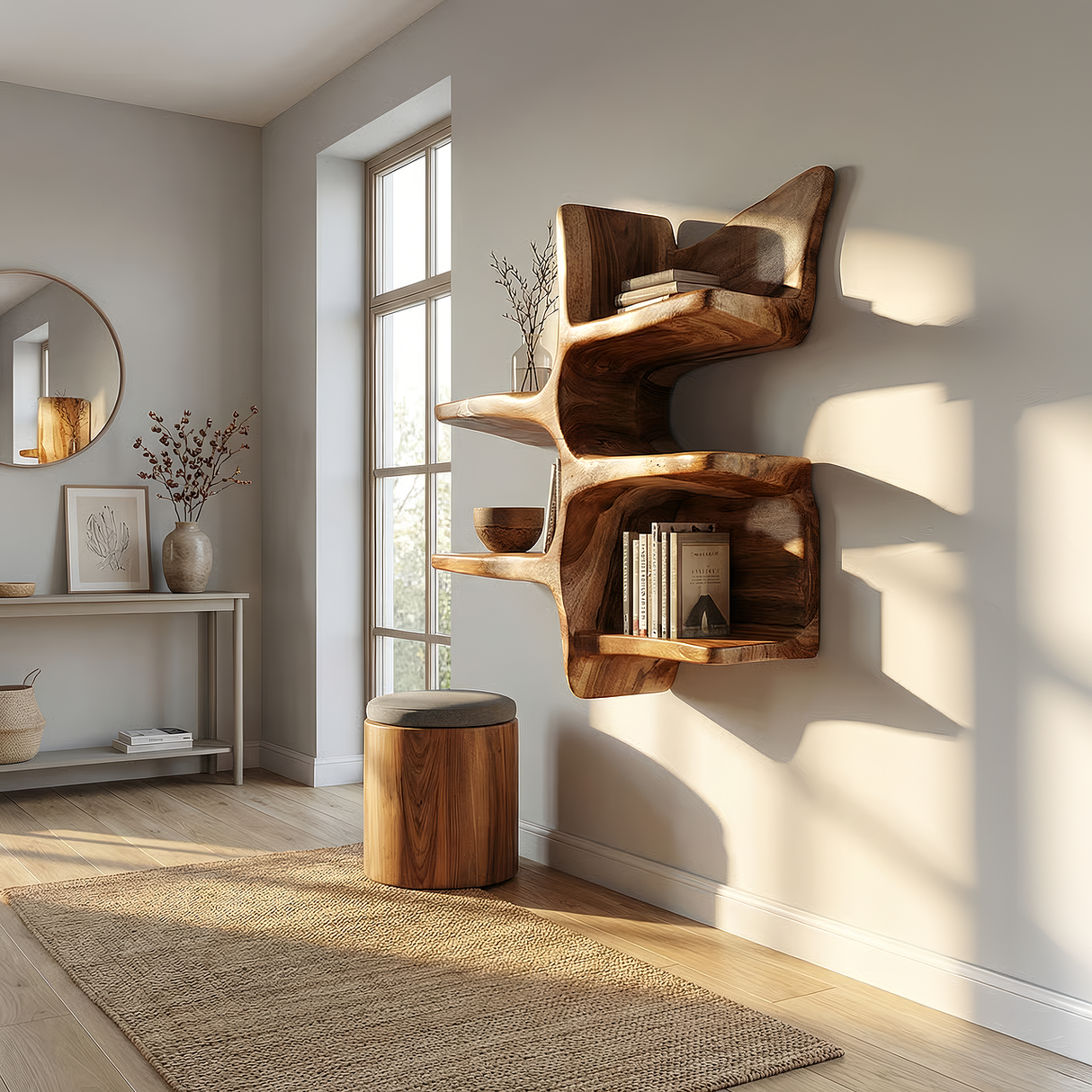 Sculptural Solid Wood Wall Bookshelf with Organic Branch Design