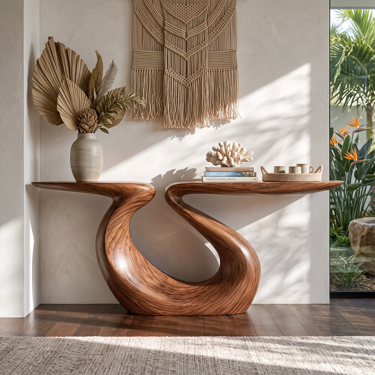 Console Table Solid Wood with Sculptural Split Top Loop Base for Entryway Decor