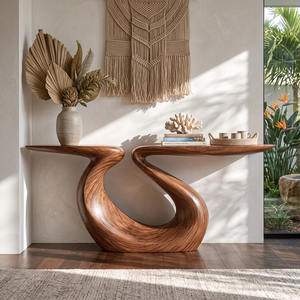 Console Table Solid Wood with Sculptural Split Top Loop Base for Entryway Decor