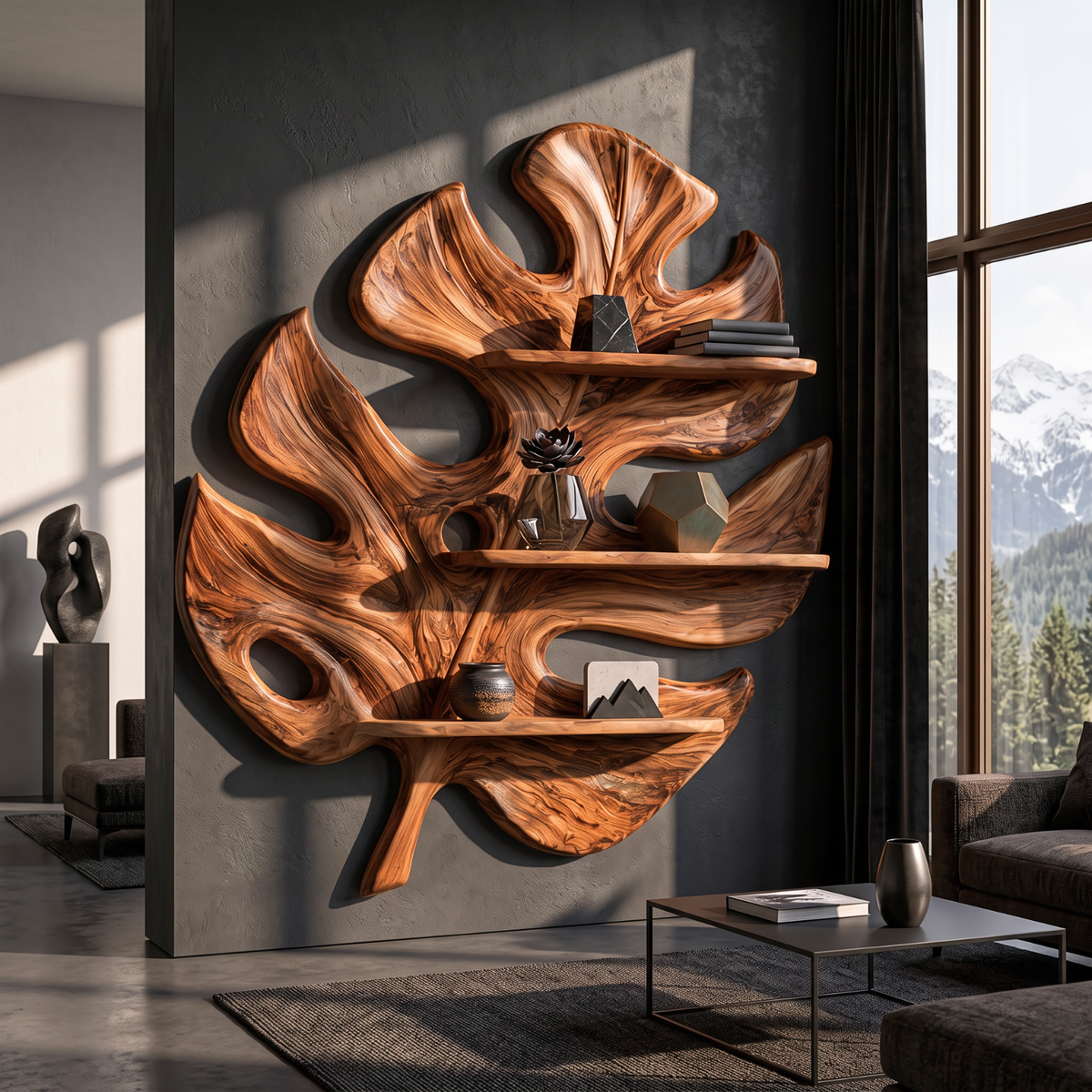 Tropical Leaf Solid Wood Wall Shelf with Sculptural Botanical Design