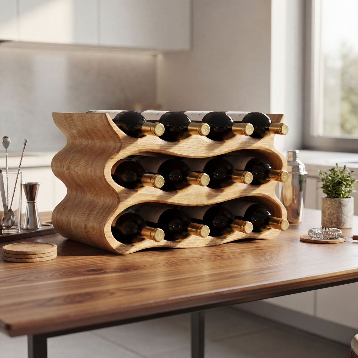 Wave Form Solid Wood Wine Rack Compact Sculptural Bottle Holder Multi Slot Tabletop Organizer