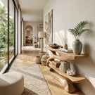 Modern Sculpted Wood Console Table with Open Shelf