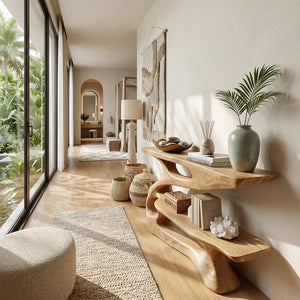 Modern Sculpted Wood Console Table with Open Shelf