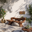 Handcrafted Outdoor Solid Wood Garden Bench with Sculptural Organic Backrest