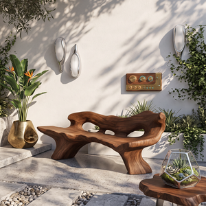 Handcrafted Outdoor Solid Wood Garden Bench with Sculptural Organic Backrest