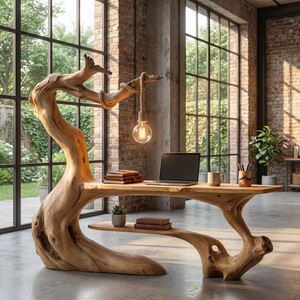 Organic Wood Desk With Hanging Lamp Sculptural Modern Workspace Furniture