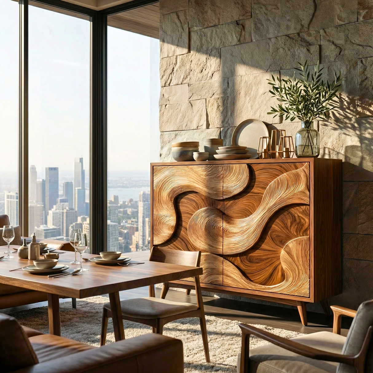 Solid Wood Sideboard with Abstract Sculptural Relief Doors for Modern Interiors