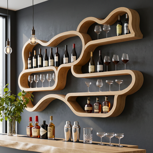 Organic Solid Wood Wall-Mounted Wine Rack with Flowing Shelves