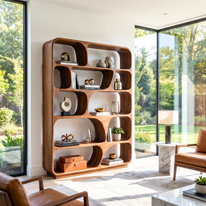 Rounded Solid Wood Bookcase with Organic Grid Shelving and Open Display Compartments