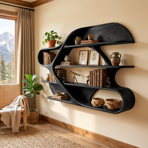 Organic Solid Wood Wall Bookshelf with Sculptural Open Shelves