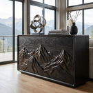 Natural Solid Wood Sideboard with Carved Mountain Landscape
