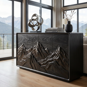 Natural Solid Wood Sideboard with Carved Mountain Landscape