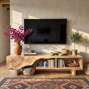 Solid Wood TV Cabinet with Organic Carved Front for Modern Living Room