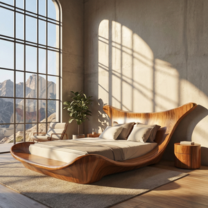 Wave Solid Wood Bed Frame with Sculptural Headboard