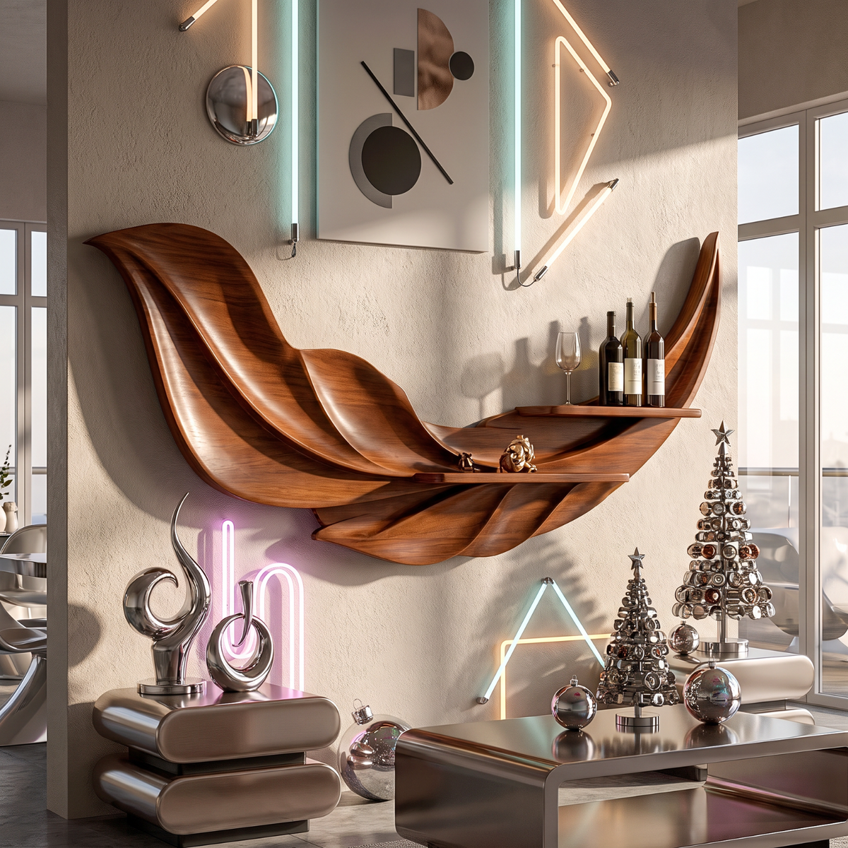 Sculptural Feather Wall Mounted Wine Holder in Solid Wood with Display Shelves