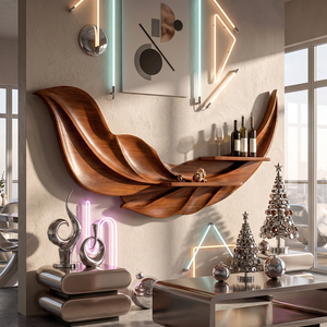 Sculptural Feather Wall Mounted Wine Holder in Solid Wood with Display Shelves