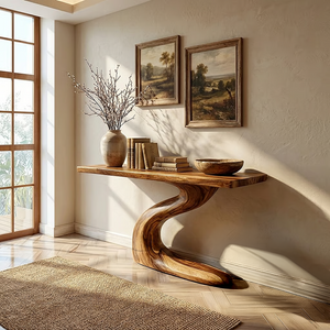 Floating Solid Wood Console Table with Curved Sculptural Base
