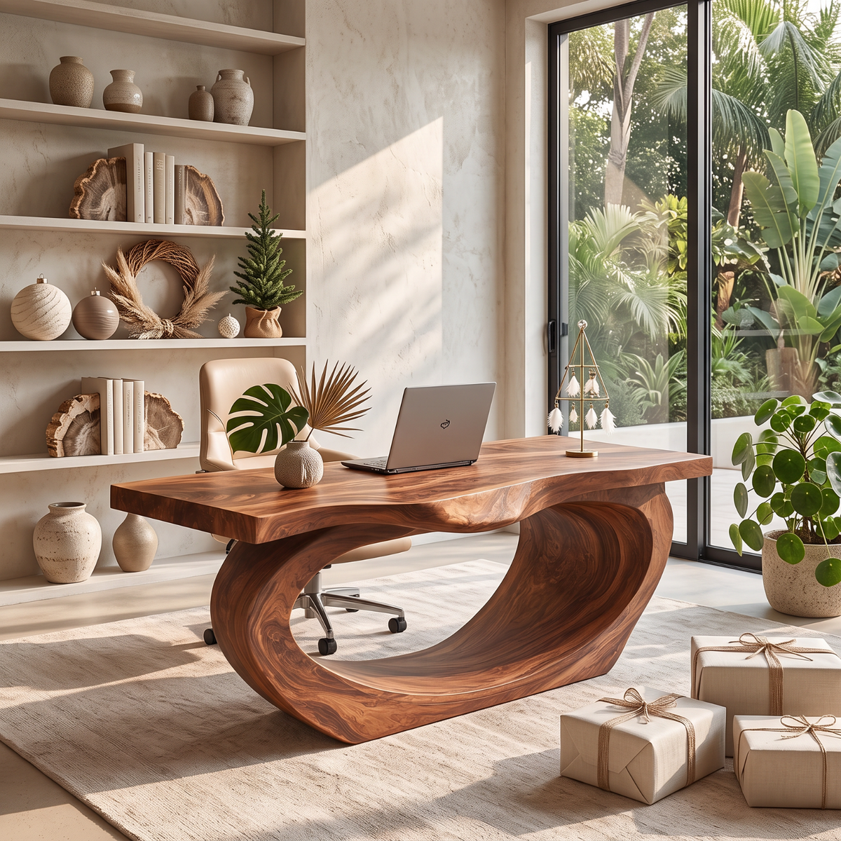 Sculptural Solid Wood Executive Desk with Flowing Oval Loop Base