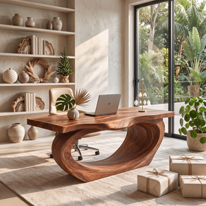 Sculptural Solid Wood Executive Desk with Flowing Oval Loop Base