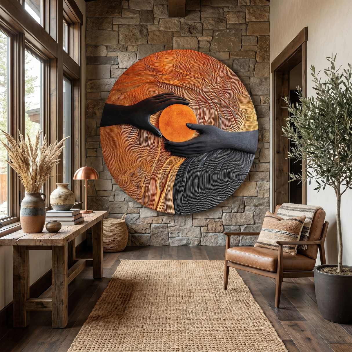 Solid Wood Wall Art with Hand Embrace Relief and Radiant Circle Center